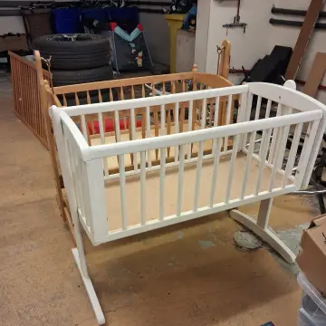 Photo from Jaynesbabybank Registered - cic, 25 Oct 2026: Dan's fixed the cribs. White one doesn't swing Dan has screwed it into place. I will give them a wash down with Milton. £10 each please Coll