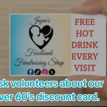 Photo from jaynesbabybank1_tm · TikTok, 9 Nov 2024: Ask Volunteers about our over 60's discount card. it can be used everyday on top of other shop discounts. @Jayne's Baby Bank ™️